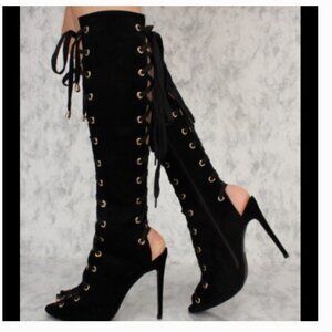*NEW*  SEXY BLACK FAUX SEUDE & GOLD KNEE LACE UP OPEN TOE  STILETTO BOOT Size 11